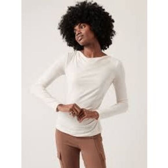 Athleta Tops - Athleta Weekender Ruched Boat Neck Tencel Long Sleeve Top White Small NEW